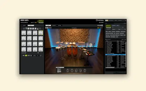 Interface de l'editeur midi Steinberg Groove Agent 6, affichant une batterie et des percussions, avec des options de kit et de style.