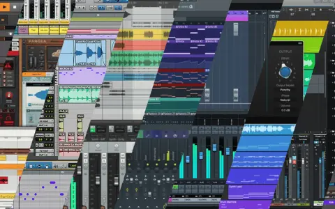 Écrans de logiciels de production musicale, avec des pistes audio, des synthétiseurs et des contrôles de mixage, suggérant le processus de mastering.