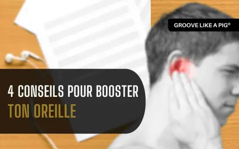 Un homme se tient l'oreille, avec des notes de musique et des écouteurs en arrière-plan. 4 conseils pour booster tes oreilles musicales.