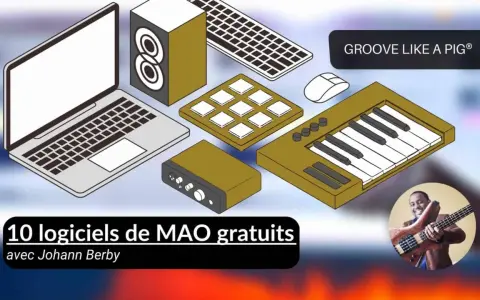 Découvrez 10 logiciels de MAO gratuits, dont un logiciel looper gratuit, pour créer votre musique. Illustration avec un musicien et du matériel audio.
