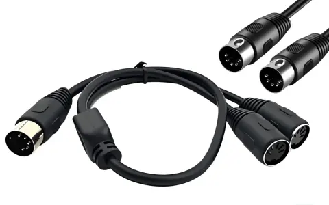 Câble noir avec un connecteur DIN 5 broches et deux connecteurs DIN 5 broches femelles pour une connexion MIDI.