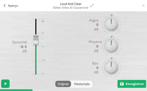 Égaliseur audio avec curseur de sonorité à -8.5 dB et réglages Aigus, Moyens, Bas à 0 dB. Option "Masterisée" activée, suggérant un traitement de dithering audio.