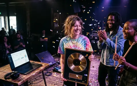 Une artiste souriante reçoit un disque d'or, entourée de musiciens applaudissant. Des confettis tombent, célébrant leur succès à créer un son unique.