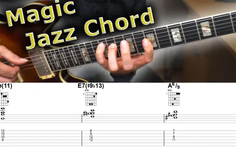 Main de guitariste jouant un accord magique jazz. Diagrammes d'accords et tablatures pour Bø(11), E7(#9b13), A6/9.