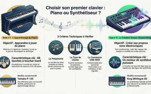 Comparaison entre piano et synthétiseur pour choisir son premier clavier. Idéal pour apprendre le piano ou créer des sons électroniques avec un logiciel piano midi.