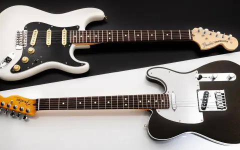 Stratocaster blanche et Telecaster noire, deux icônes Fender côte à côte. Le choix du guitariste entre ces deux légendes.