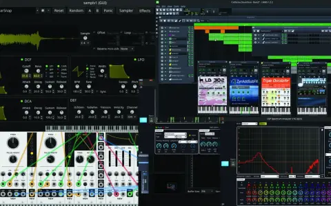 Interface de création musicale sous daw linux, avec pistes audio, synthétiseurs virtuels et analyseur de spectre.