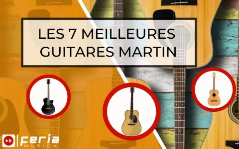 Les 7 meilleures guitares Martin, avec des illustrations de guitares acoustiques et électriques.