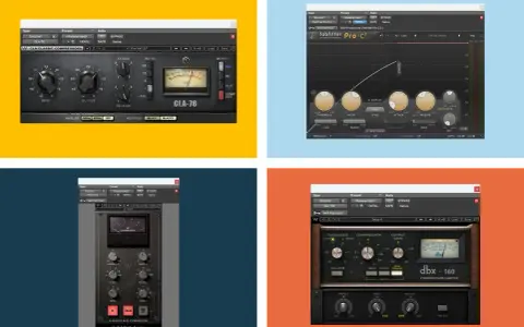 Maîtriser le compresseur : interfaces de plugins audio pour le mixage, incluant CLA-76, FabFilter Pro-C2, SSL Comp et dbx 160.