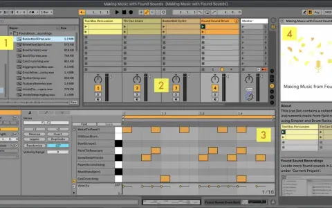 Dans Ableton Live, un **ableton sampler** est utilisé pour organiser et déclencher des sons. Ici, des bruits du quotidien sont transformés en musique.