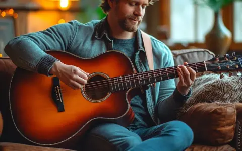 Un homme joue d'une guitare acoustique sunburst sur un canapé en cuir. Il réfléchit à quelle guitare choisir pour sa prochaine chanson.