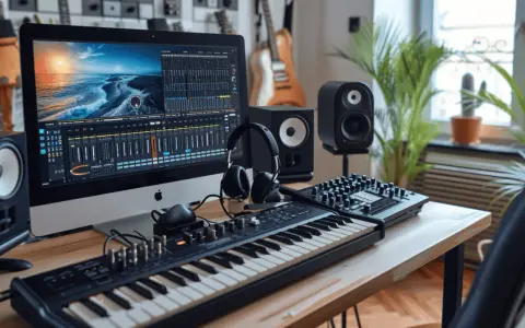 Bureau de musique avec écran affichant une table de mixage, clavier, casque et enceintes. Le port midi est prêt pour la création sonore.