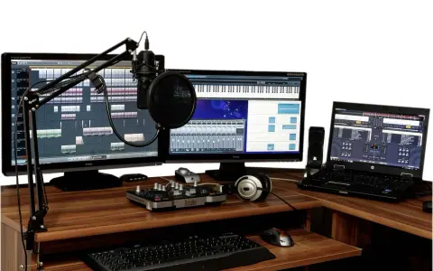 Postes de travail audio avec microphones, claviers, écrans affichant des logiciels de musique, et un ordinateur portable.