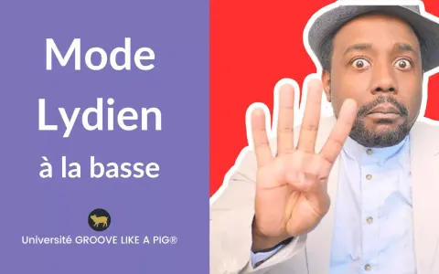 Un homme montre quatre doigts, avec le texte "Mode Lydien à la basse" sur fond violet.