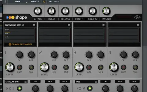 Interface du logiciel luna shape, avec des contrôles pour un instrument virtuel de basse.