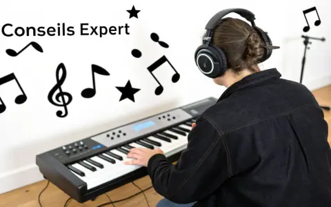 Personne avec casque jouant du clavier, entourée de notes de musique. Idéal pour un site pour faire des instru gratuit.