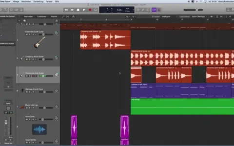 Logic Pro X : une piste "Chronicles Echo Guitar" est visible, avec d'autres pistes de guitare, piano et cordes.