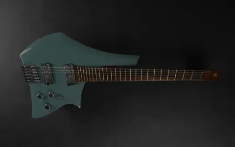 Guitare électrique bleu sarcelle au design futuriste, une guitare double cut avec un manche fin et des micros humbucker.