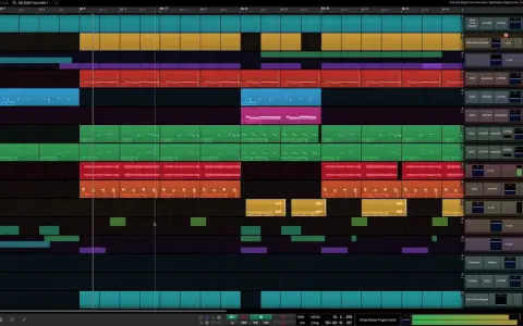 Tableau d'une station de travail audio numérique, montrant des pistes pour la **mao musique** : batterie, basse, synthés et effets.