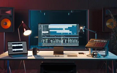 Studio d'enregistrement avec ordinateur affichant une station de travail audio numérique, un clavier, des enceintes et un pad de batterie, le tout constituant du matériel pour composer musique électronique.