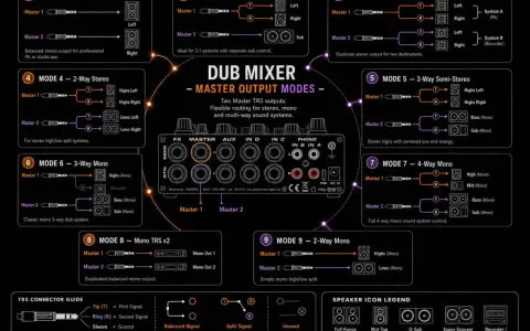 Schéma du Dub Mixer, montrant les 9 modes de sortie master pour une reamping box.