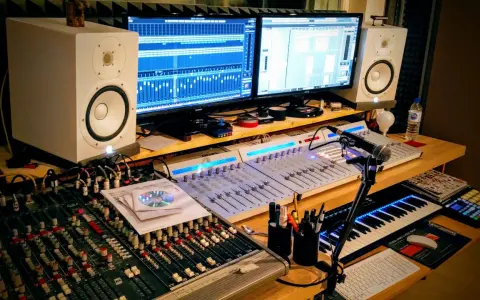 Studio d'enregistrement avec deux écrans affichant des pistes audio, des tables de mixage, des enceintes, un clavier MIDI et un microphone. Le fichier midi est prêt à être créé.