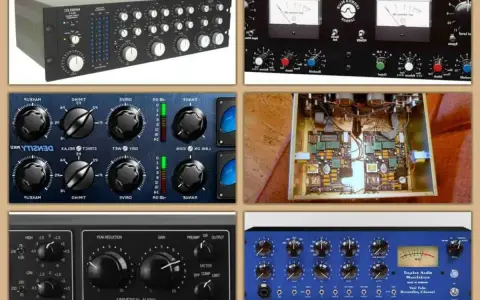 Ensemble de matériel audio professionnel, incluant un compresseur multibande, des vu-mètres et des circuits internes.