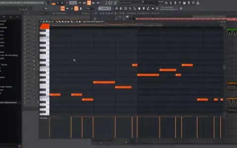 Piano Roll dans FL Studio, montrant des notes orange créant une mélodie. L'arpeggiator fl studio est en cours de création.