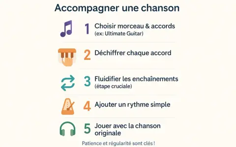 Guide pour accompagner une chanson : choisir le morceau, déchiffrer chaque accord de piano, fluidifier les enchaînements, ajouter un rythme et jouer avec la chanson originale.