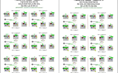 Diagrammes d'accords de guitare pour les 7b9 et 7#9, montrant les doigtés pour différentes notes fondamentales.