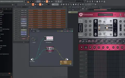FL Studio 21 sur Mac, avec le synthétiseur Sakura et un séquenceur VFX.