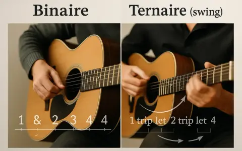 Deux guitares acoustiques, l'une illustrant un rythme binaire (mesure 3/4), l'autre un rythme ternaire (swing).
