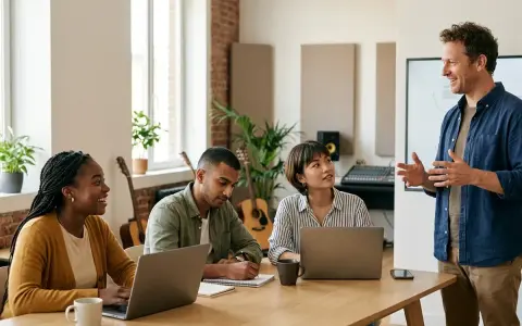 Un formateur anime une session de formation MAO CPF. Trois apprenants sont attentifs autour d'une table, certains sur ordinateur, d'autres prenant des notes.
