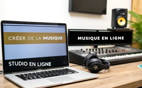 Un ordinateur portable affiche "CRÉER DE LA MUSIQUE" et "STUDIO EN LIGNE". Un clavier, des écouteurs et un moniteur de studio sont prêts pour faire de la musique en ligne.