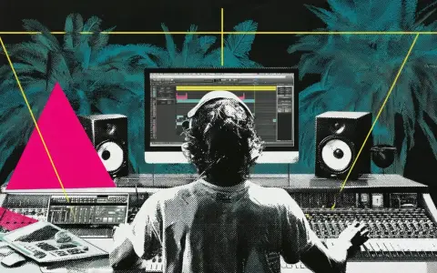 Un producteur de musique, casque sur les oreilles, face à son écran, navigue entre Ableton et Cubase. Palmiers stylisés et formes géométriques.