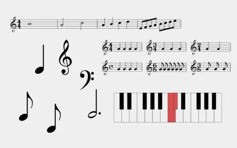 Portée musicale avec des notes, des clés de sol et de fa, et un clavier de piano où la clé d'ut 3 est mise en évidence en rouge.