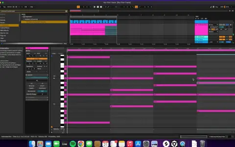 Tuto Ableton Live 11 : création d'une mélodie avec des notes roses dans l'éditeur MIDI.