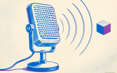 Microphone vintage bleu émettant des ondes sonores vers un cube. Idéal pour un voice tag gratuit.