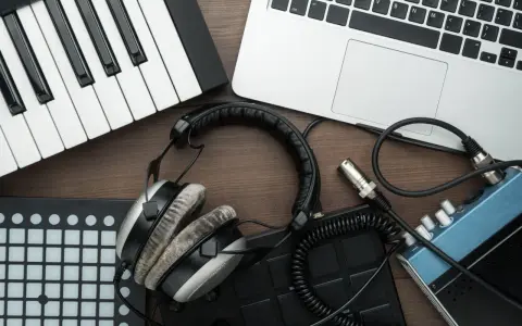 Clavier, casque, ordinateur portable et pads de batterie, idéal pour créer de la musique avec un logiciel beatmaking gratuit.