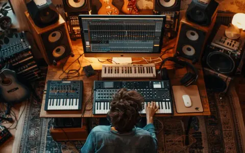 Un artiste crée de la **production musique** dans son studio, entouré de claviers, synthétiseurs, guitares et enceintes.