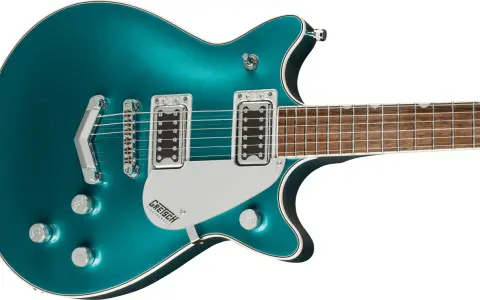 Guitare électrique Gretsch G5222 bleu sarcelle, avec ses micros double bobinage et son vibrato Bigsby.
