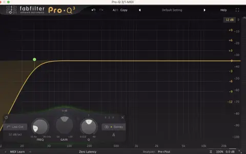 Égaliseur FabFilter Pro-Q 3 avec un filtre coupe bas actif, réduisant les fréquences graves.