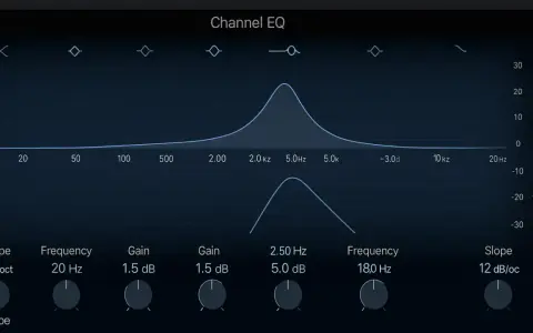 Écran de réglage égaliseur 5 bandes, avec courbes de fréquences et potentiomètres pour ajuster le son.