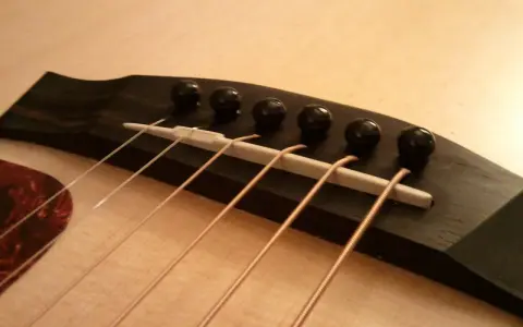 Gros plan sur le chevalet d'une guitare acoustique, avec ses six cordes prêtes à vibrer. Le bois sombre du chevalet contraste avec la pièce blanche où reposent les cordes.