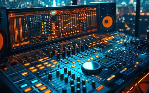 Console de mixage audio illuminée, parfaite pour une formation mixage audio. Les lumières bleues et oranges créent une ambiance de studio nocturne.