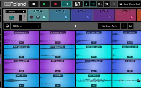 Interface d'une appli pour créer sa propre musique, avec des pistes audio et des pads de batterie.