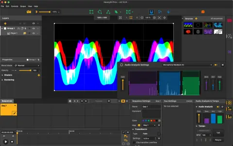 Interface d'un logiciel live montrant des formes d'onde audio colorées et des réglages d'analyse audio.