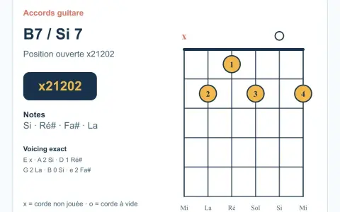 Diagramme d'accord de guitare pour le B7 / Si 7. Position ouverte x21202. Notes : Si, Ré#, Fa#, La. Un accord 7 essentiel.