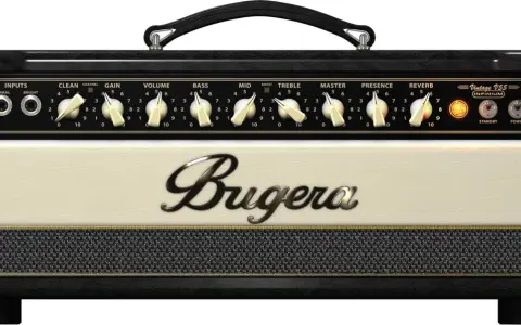 Ampli guitare Bugera V5 Infinium, crème et noir, avec ses nombreux réglages et le logo Bugera en son centre.