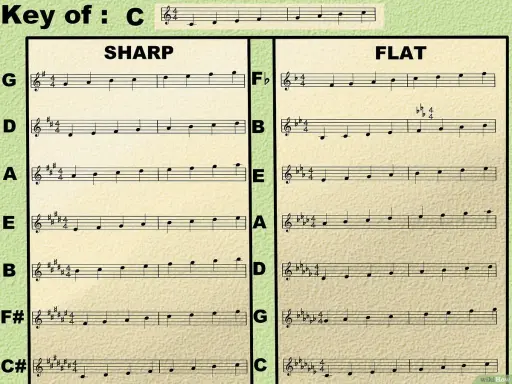 Partitions musicales montrant des gammes en dièses et bémols, avec une ligne mélodique claire pour chaque tonalité.